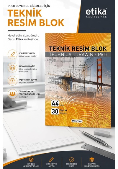 A4 Teknik Resim Blok - 30 Yaprak, Profesyonel Mühendislik Ve Mimarlık Çizim Defteri, Ofis Ve Okul İçin Kaliteli Kırtasiye Ürünü