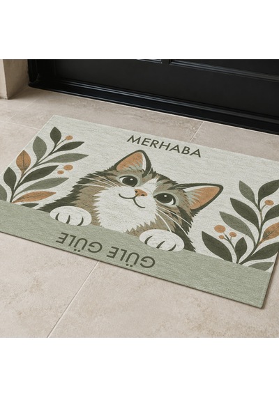 Kartela Halı Merhaba Güle Güle Kedili Kapı Paspası Adaçayı Yeşili Kaymaz Kauçuk Taban 50x75 Cm