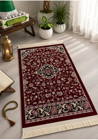 Bordo Klasik Desenli Dijital Baskı Seccade Geleneksel Motifli Namaz Seccadesi