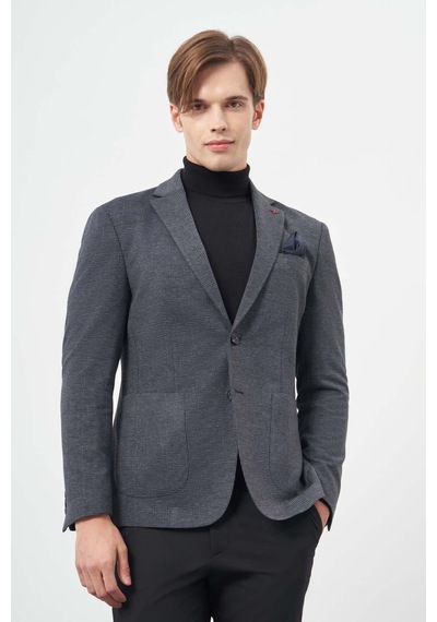 İmza Koyu Lacivert Ekose Desen Örme Mono Yaka Astarsız Çift Yırtmaç 2 Düğme 6 Drop Slim Fit Casual Ceket 1002245152 Koyu Lacivert