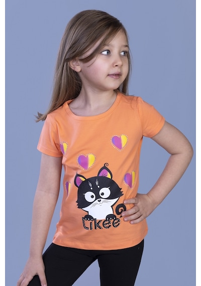 Toontoy Kids Toontoy Kız Çocuk Baskılı Bisiklet Yaka Kısa Kollu Tişört Somon