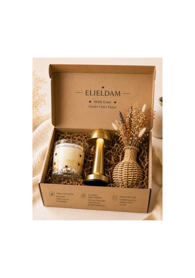 Doğum Günü, Özel Gün, Yeni İş, Yeni Ev Hediyesi Gold Masa Lambası, Kalp Motifli Soya Mum Ve Rattan Vazo Seti