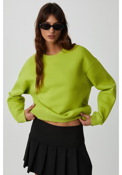 Grimelange VANELTINA  Kadın İçi Polarlı 3 İplik Organik Pamuk Oversize Basic Bisiklet Yaka Fıstık Yeşili Sweatsh