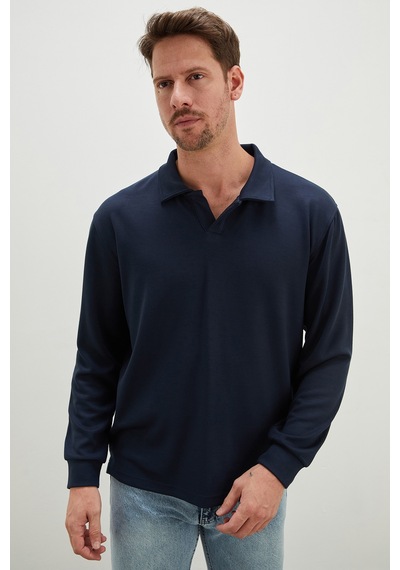 Fullamoda Basic Apaş Yaka Modal Sweatshirt Petrol Mavi