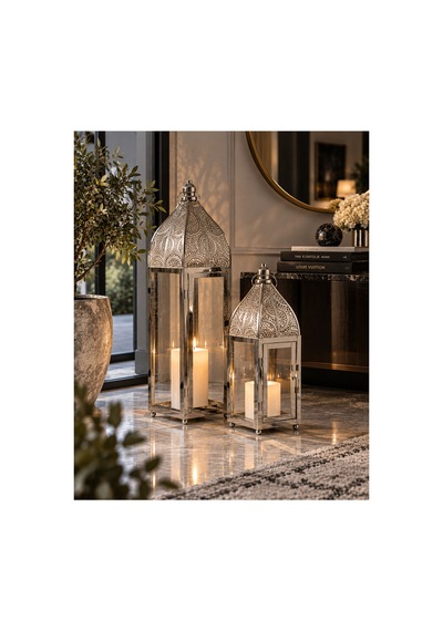 Sleep Nova Gümüş Metal Camlı Dekoratif Fener 2 Li Set