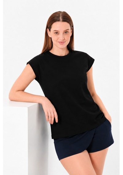 Sortie Collection Düşük Kollu Rahat Kesim Pamuklu Basic Tshirt Siyah