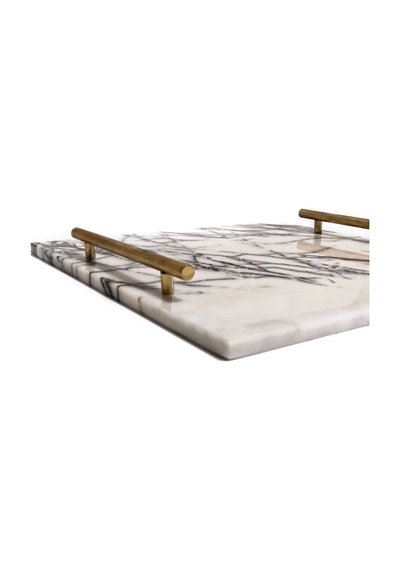 Lux & Marble Storm, Damarlı Beyaz Mermer Pirinç Kulplu Kare Tepsi