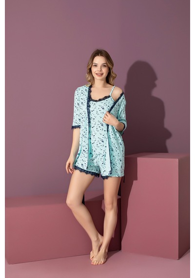 Rindahomewear Kadın 3 Lü Fitilli Viskon Şort Sabahlık Set Mavi