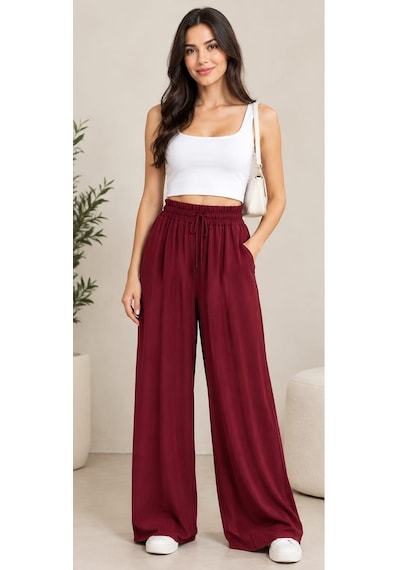 Bordo Bol Paça Rahat Pantolon Siyah
