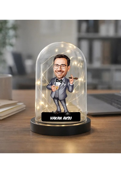 Bk Gift Kişiye Özel Erkek Patron Karikatürlü Led Işıklı Cam Fanus Biblo -1, Mesleki Hediye, Doğum Günü Hediyesi Kobitmeyencom36879 Bk Gift