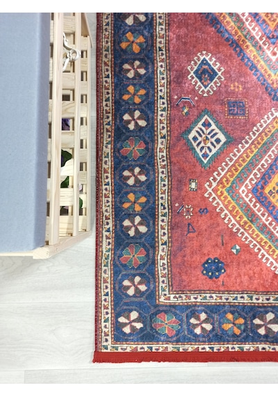 Etnik Madalyonlu Kırmızı Ve Lacivert Bohem Halı Kırmızı Lacivert
