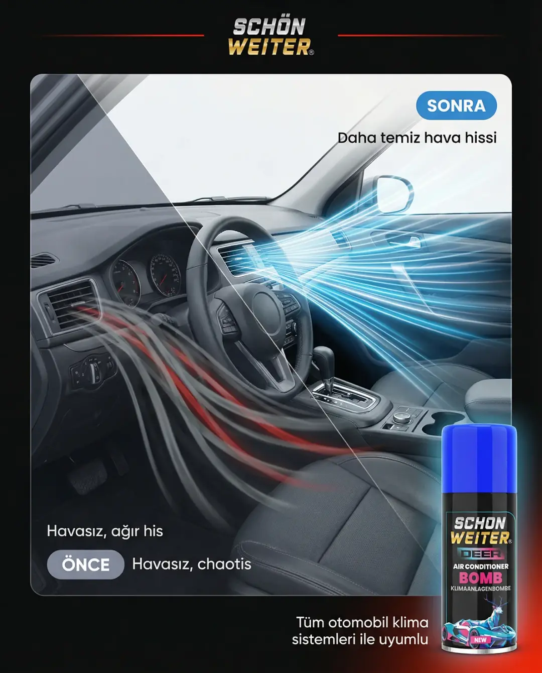 Premium Araç Oto Klima Dezenfektanı Ve Klima Bombası Mavi Aeorosol Sprey 150ml
