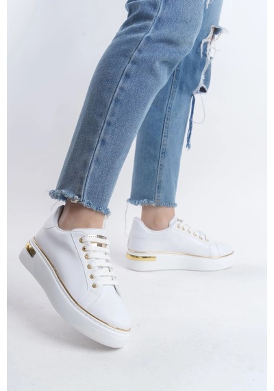 Mevese Elora Bağcıklı Konfor Taban Kadın Sneaker Beyaz/altın