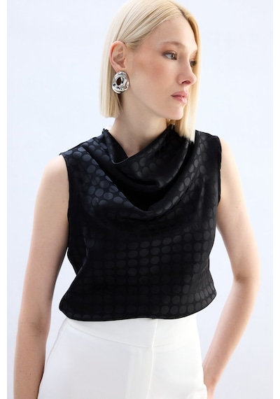 Sateen Puantiye Desenli Kolsuz Bluz - Siyah-136749 Siyah