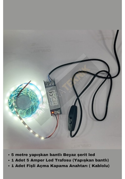 Mutfak Dolabı Için 5 Mt. Beyaz Şerit Led 12v Adaptör Aç Kapa