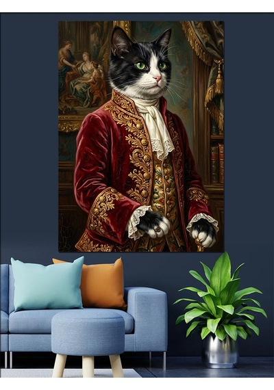Saray Kıyafetli Aristokrat Kedi Portresi Dekoratif Kanvas - Mdf Ahşap Tablo