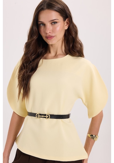 Tudors Kadın Slim Fit Dar Kesim Kol Detaylı İnce Kemerli Fermuarlı Sarı Bluz-51169