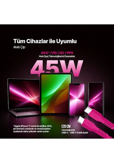 Ttec Smartcharger Gan 45W Avs PD Seyahat Hızlı Şarj Aleti + USB-C - USB-C 3A 120 CM Kablo Neon Pembe