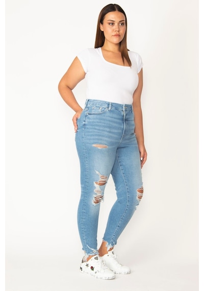 Şans Kadın Mavi Yırtık Detaylı Yıkama Efektli 5 Cepli Skinny Kot Pantolon 65n28095-mavi Mavi