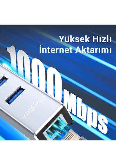 VegGieg Usb Ve Type-C Gigabit Ethernet Adaptörü 3 Port Usb 3.0 Çoklayıcı Hub