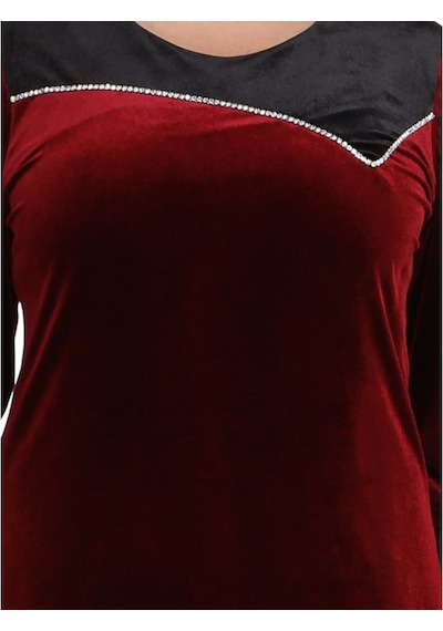 Nidya Moda Kmbinli Abiye Kadife Elbise 4073B Bordo