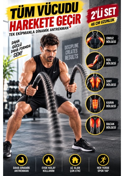2'li Set 46 Cm Kablosuz Savaş Halatı Yaylı Egzersiz Aleti Evde Fitness Ergonomik Bilek Askılı Sporcu Siyah
