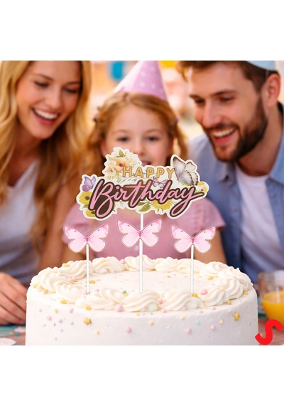 Kelebekli Happy Birthday Pasta Süsü 4 Lü Set - Pembe