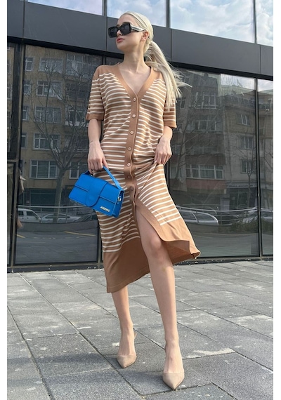 Madmext Camel Düğmeli Triko Kadın Elbise Mg1648-camel