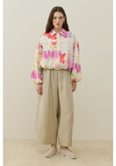 Molene Ekru Floral Tuval Desen Keten Bomber Ceket