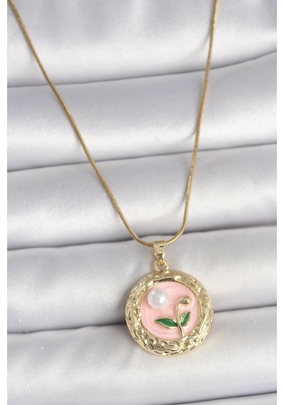 316l Çelik Gold Renk Zincir Pembe Çiçek İşlemeli İnci Detay Portre Model Kadın Kolye Çok renkli 87910882