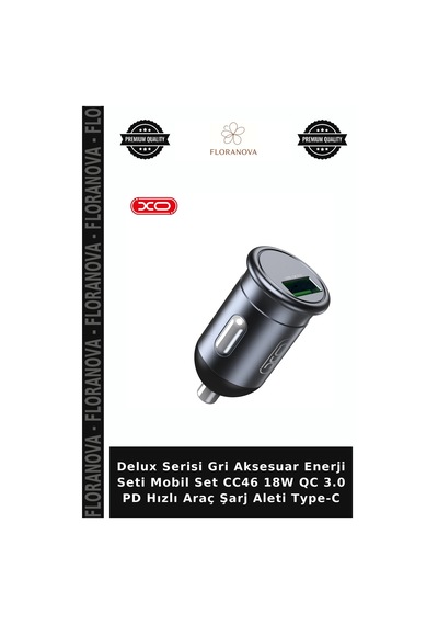 Delux Serisi Gri Aksesuar Enerji Seti Mobil Set Cc46 18w Qc 3.0 Pd Hızlı Araç Şarj Aleti Type-c