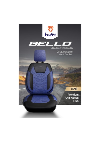Mavi - Siyah Butti Bello Serisi Keten Kumaş Premium Oto Koltuk Kılıfı Ortopedik Destekli, Ön Arka Tam Set