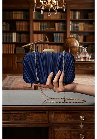 Zeyymoda Lacivert Pilse Desenli Abiye Çanta Pile Desen Abiye Çanta Ve Clutch Portföy El Gece Düğün Nişan Abiye Çantası