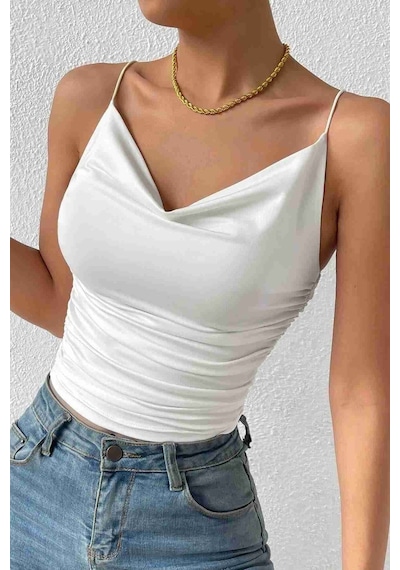 Merrry See Merry See Kadın Kolsuz Askılı Degaje Yaka Bluz Crop Beyaz 001