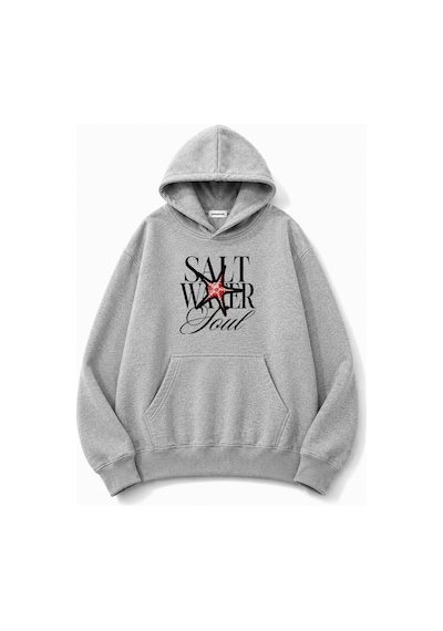 Herkesemoda Salt Water Baskılı Kapüşonlu 2 İplik Şardonlu Sweatshirt Gri