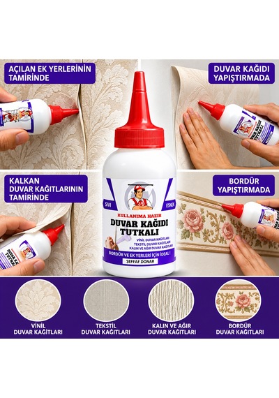 Şeffaf Duvar Kağıdı Yapıştırıcısı Sıvı Tamir Tutkalı Kenarı Açılan Kalkan Ek Yerlerini Yapıştırma Bordür Vinil Onarım Zamkı 150gr