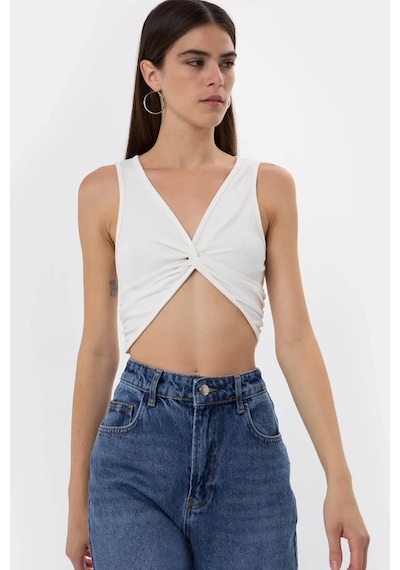 Hiccup Düz Renkli Fitilli Ön Kıvrık Crop Top Beyaz