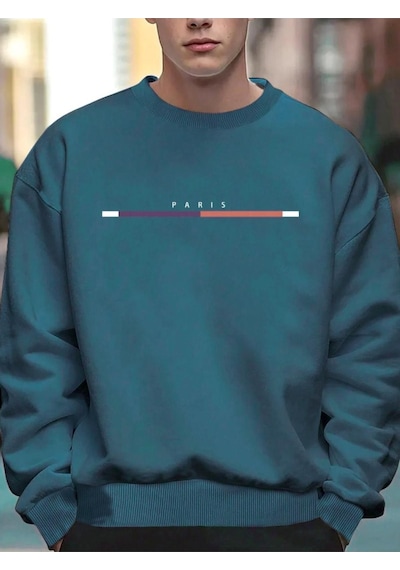 Altamira Erkek Petrol Mavi Paris Baskılı Oversize Bisiklet Yaka Sweatshirt 001