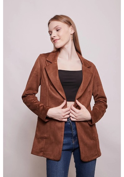 Süet Kumaş Cep Detaylı Düğmeli Şık Blazer Ceket-taba Taba