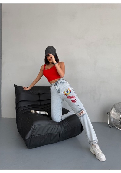 Mom Jean Nakış Ve Yırtık Detaylı Mavi