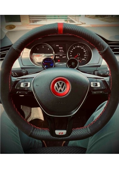 Fiat Panda Direksiyon Kılıfı Alkantra Karbon Kırmızı Yüzüklü