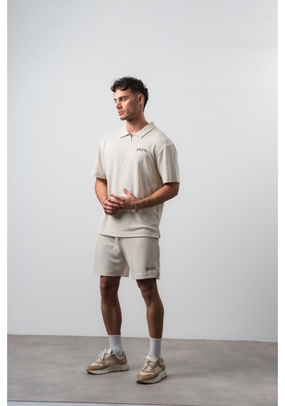 Erkek 2flyy Yazılı Yarım Fermuarlı Regular Fit T-shirt Şort Takım Bej