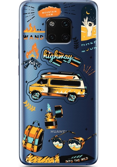 Huawei Mate 20 Pro Vintage Sticker Tasarımlı Süper Şeffaf Telefon Kılıfı Çok Renkli