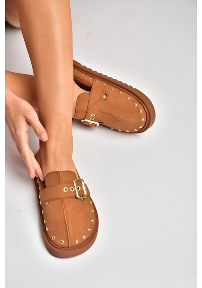 Fox Shoes Y918143802 Taba Süet Önü Kapalı Zımba Detaylı Sabo Terlik