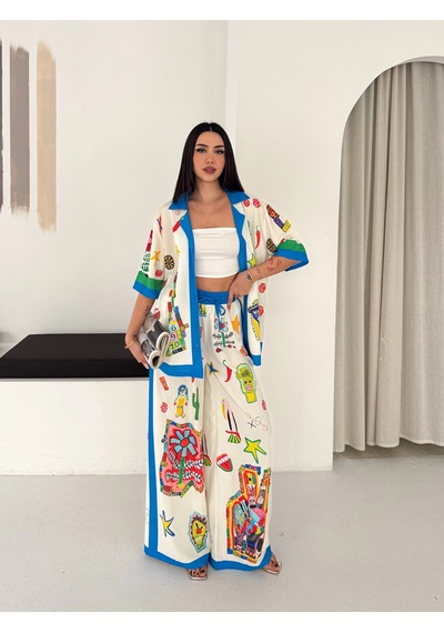 Asprin Fashion Egzotıc Baskılı Gömlek Pantolon Tkım Mavi