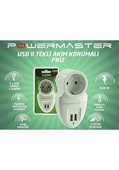16a-3500w Çift Usbli Tekli Akim Korumali Priz 79 X 155 Mm
