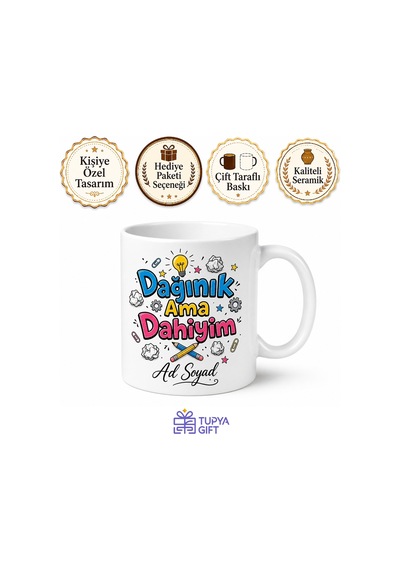 İsme Özel Dağınık Ama Dahiyim Yazılı Komik Kupa Bardak Hediye Beyaz / Çok Renkli