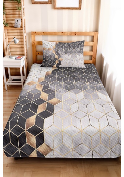 Gri Geometrik Modern Tek Kişilik Pike Takımı - Altın Çizgili Antrasit Beyaz 160x220 Cm Yatak Örtüsü Kırçıllı Yamaç Tonu