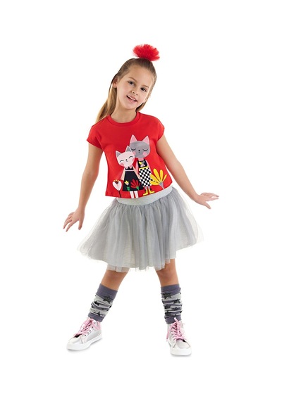 Denokids Mushi Kanka Kediler Kız Çocuk T-shirt Tüllü Tütü Etek Takım Çok Renkli