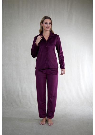 Estiva Kadın Önden Düğmeli Kadife Pijama Takımı MÜRDÜM